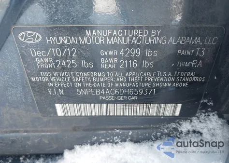 2013 Hyundai Sonata Gls из США, поврежденный, VIN 5NPEB4AC6DH659371